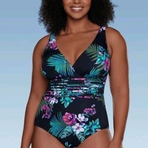 Aqua Green Black V-Neck Floral One-Piece Swimsuit